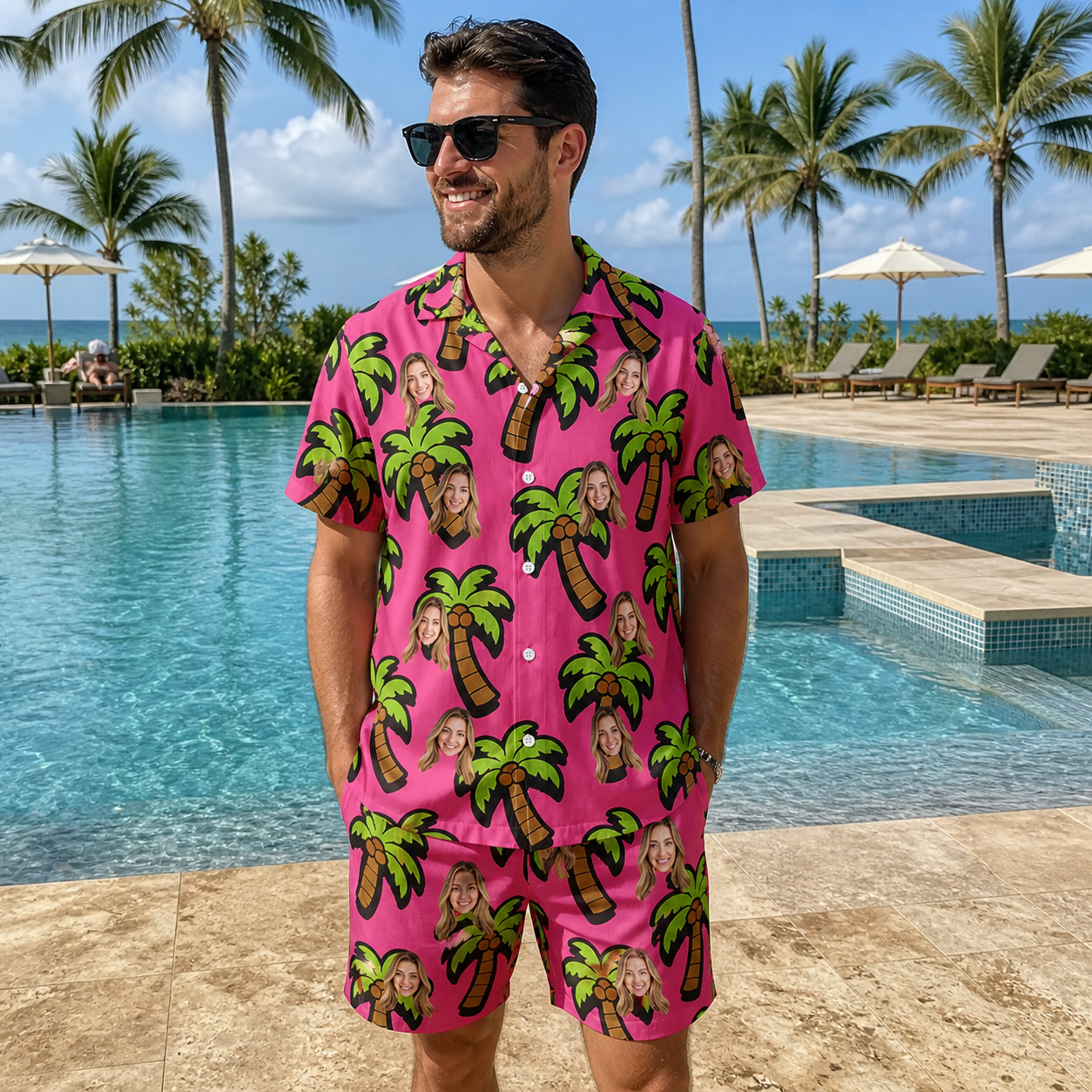 Real-life photo of someone wearing Men's Sunset Plumeria Custom Face Shirt & Shorts Set — custom faces printed all-over