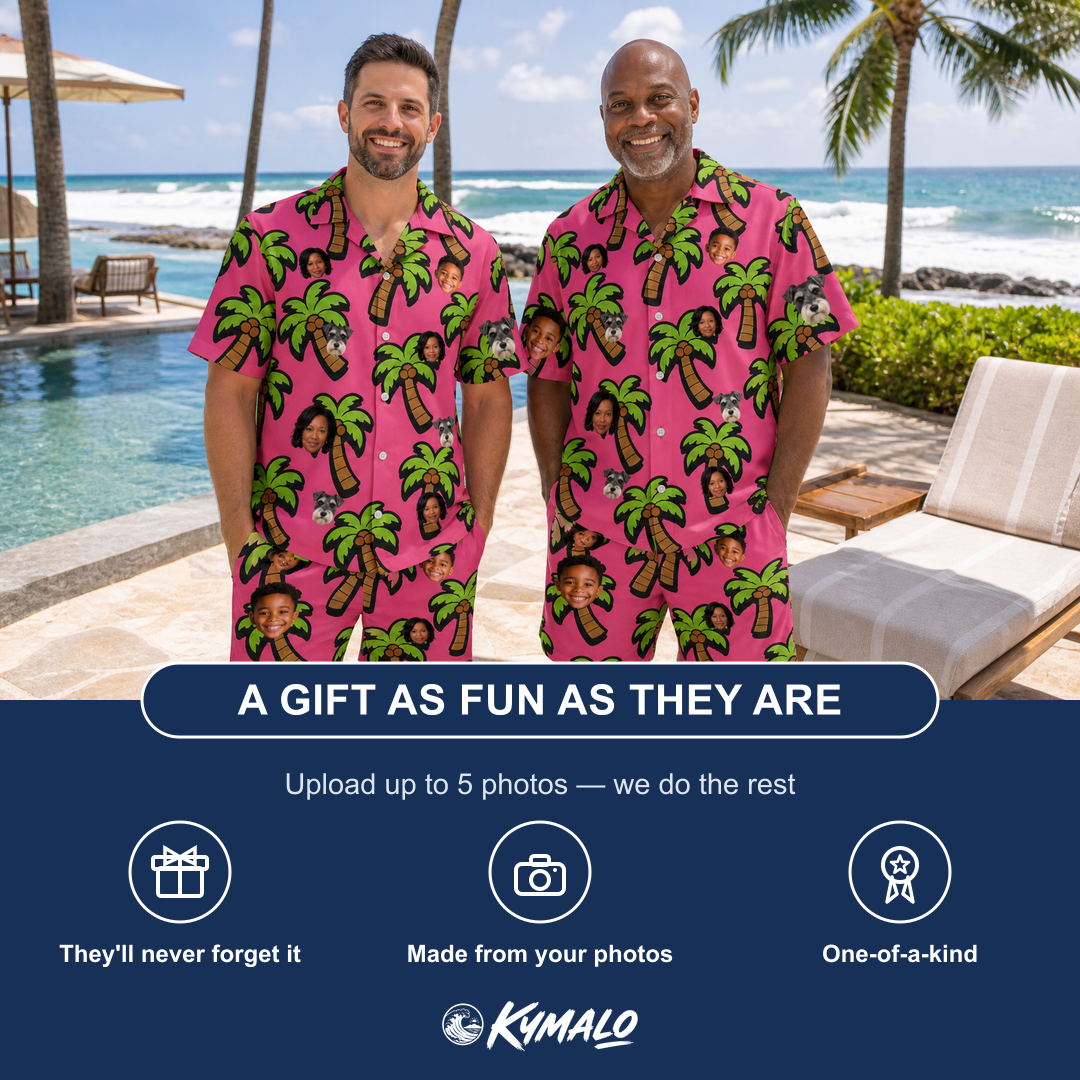 Friends in matching Men's Sunset Plumeria Custom Face Shirt & Shorts Set — a group gift photo