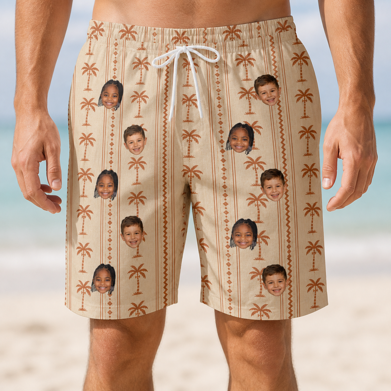 Model wearing Men's Orchid Oasis Custom Face Beach Shorts printed with kids' faces