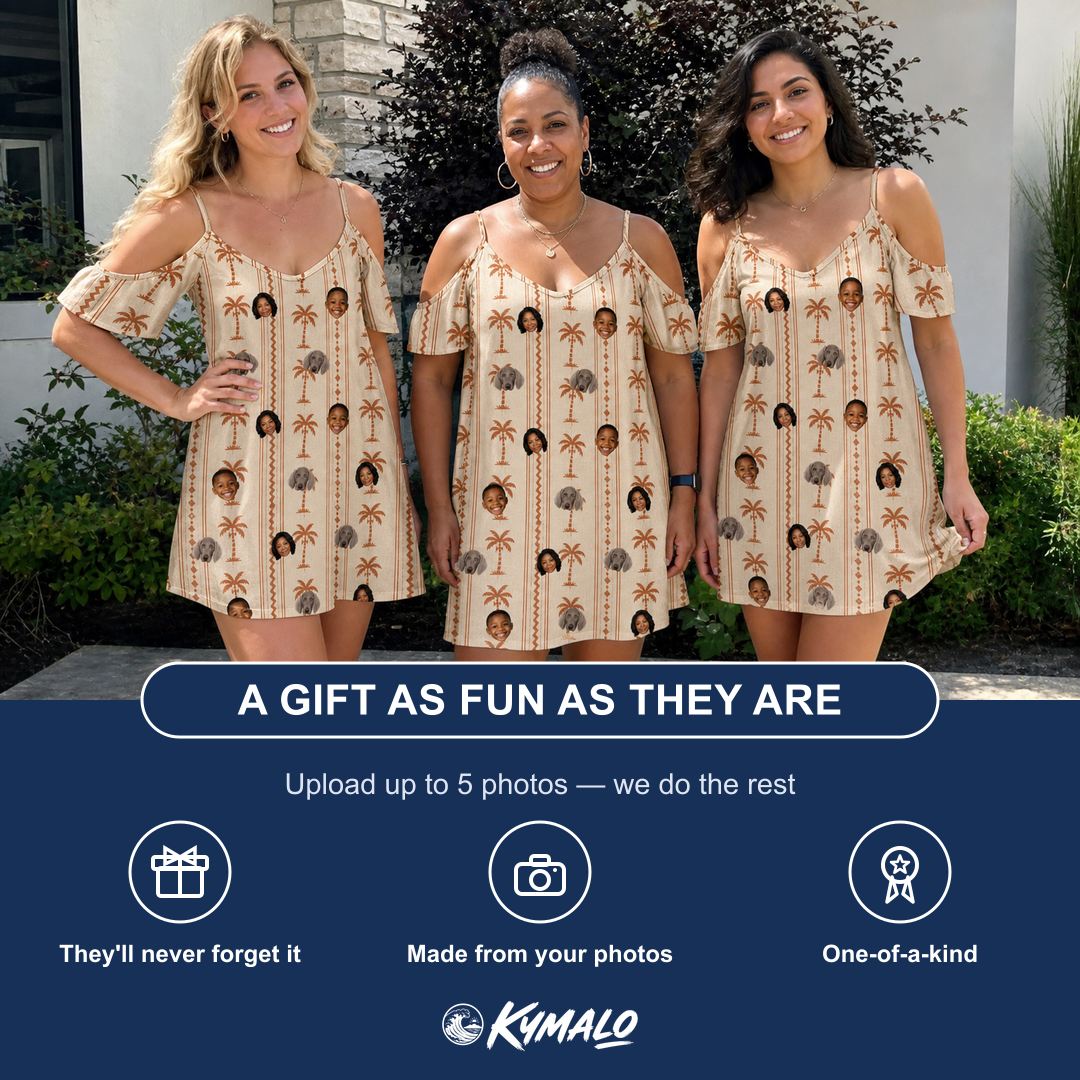 Friends in matching Women's Orchid Oasis Custom Face Off-Shoulder Dress — a group gift photo