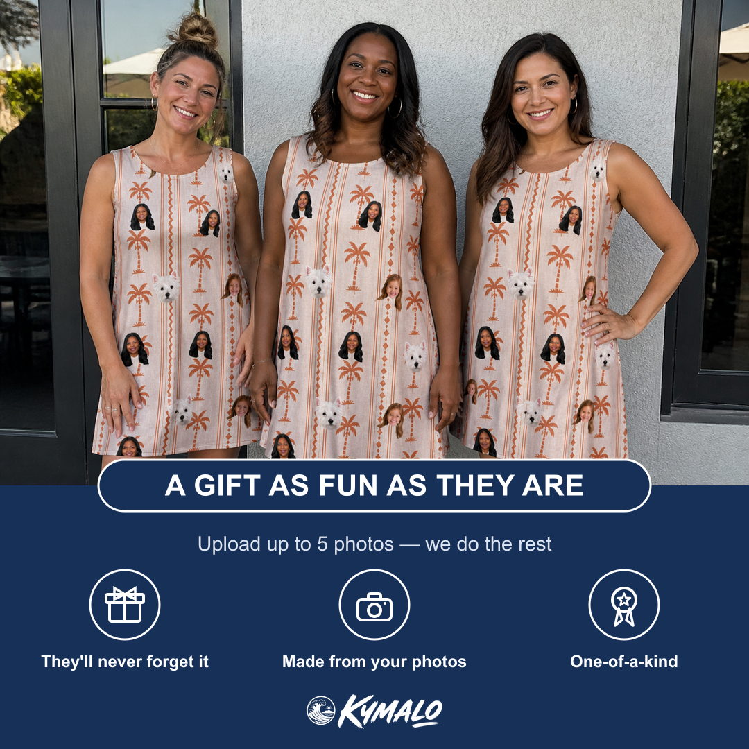 Friends in matching Women's Orchid Oasis Custom Face Tank Dress — a group gift photo