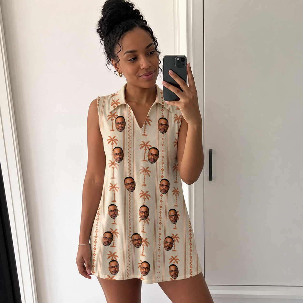 Real-life photo of someone wearing Women's Orchid Oasis Custom Face V-Neck Dress — custom faces printed all-over