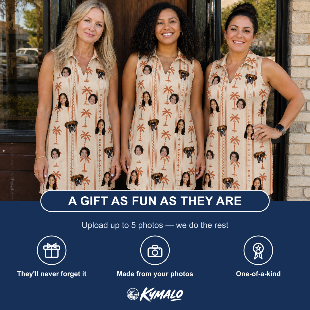 Friends in matching Women's Orchid Oasis Custom Face V-Neck Dress — a group gift photo
