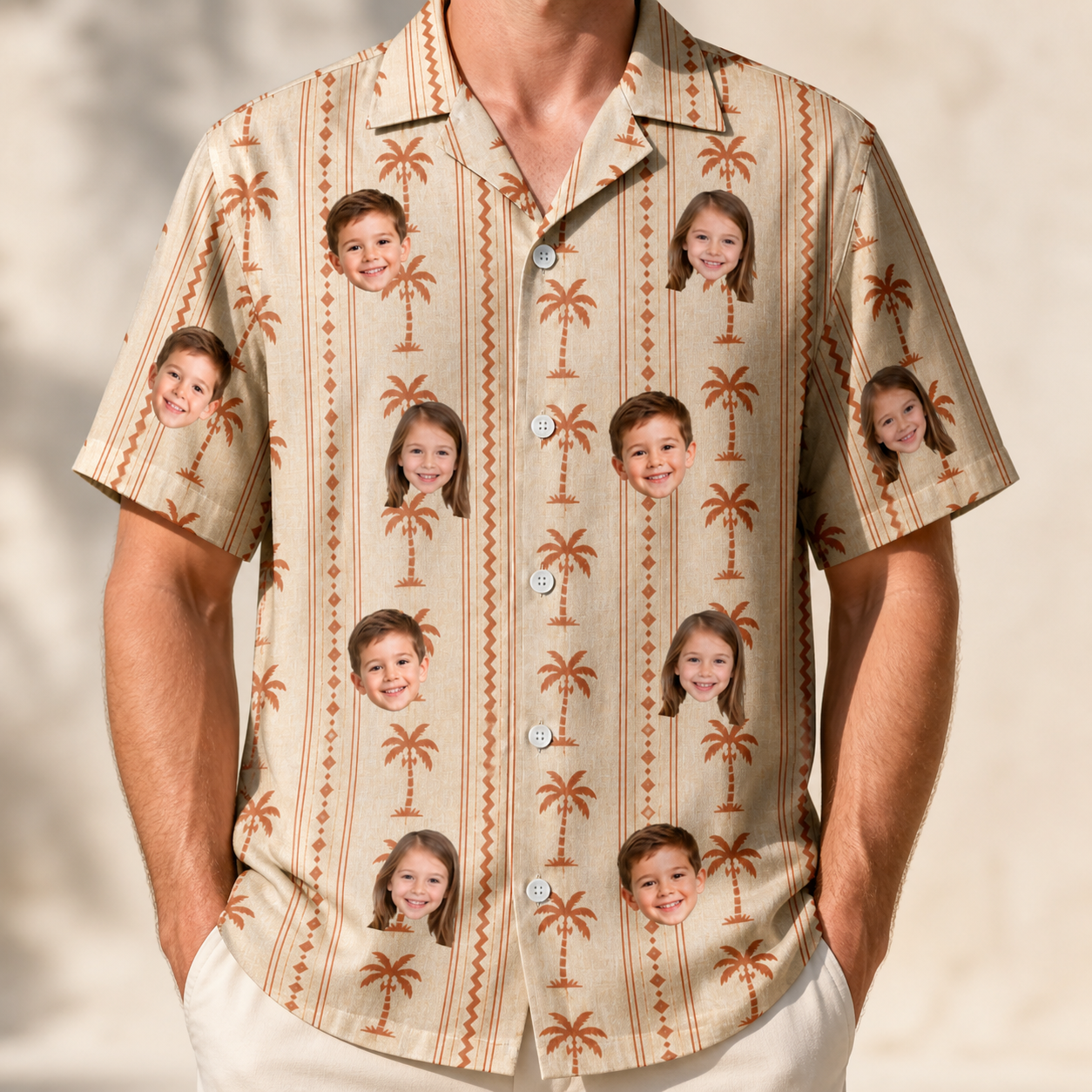 Model wearing Men's Orchid Oasis Custom Face Hawaiian Shirt printed with kids' faces