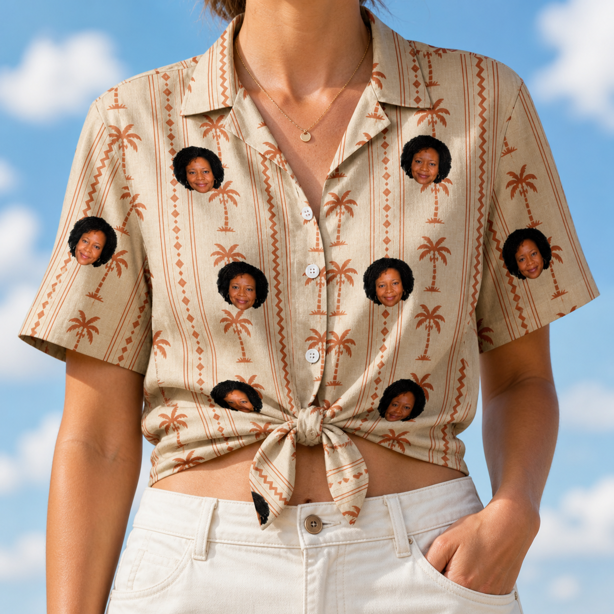 Woman wearing Women's Orchid Oasis Custom Face Hawaiian Shirt tied at the waist
