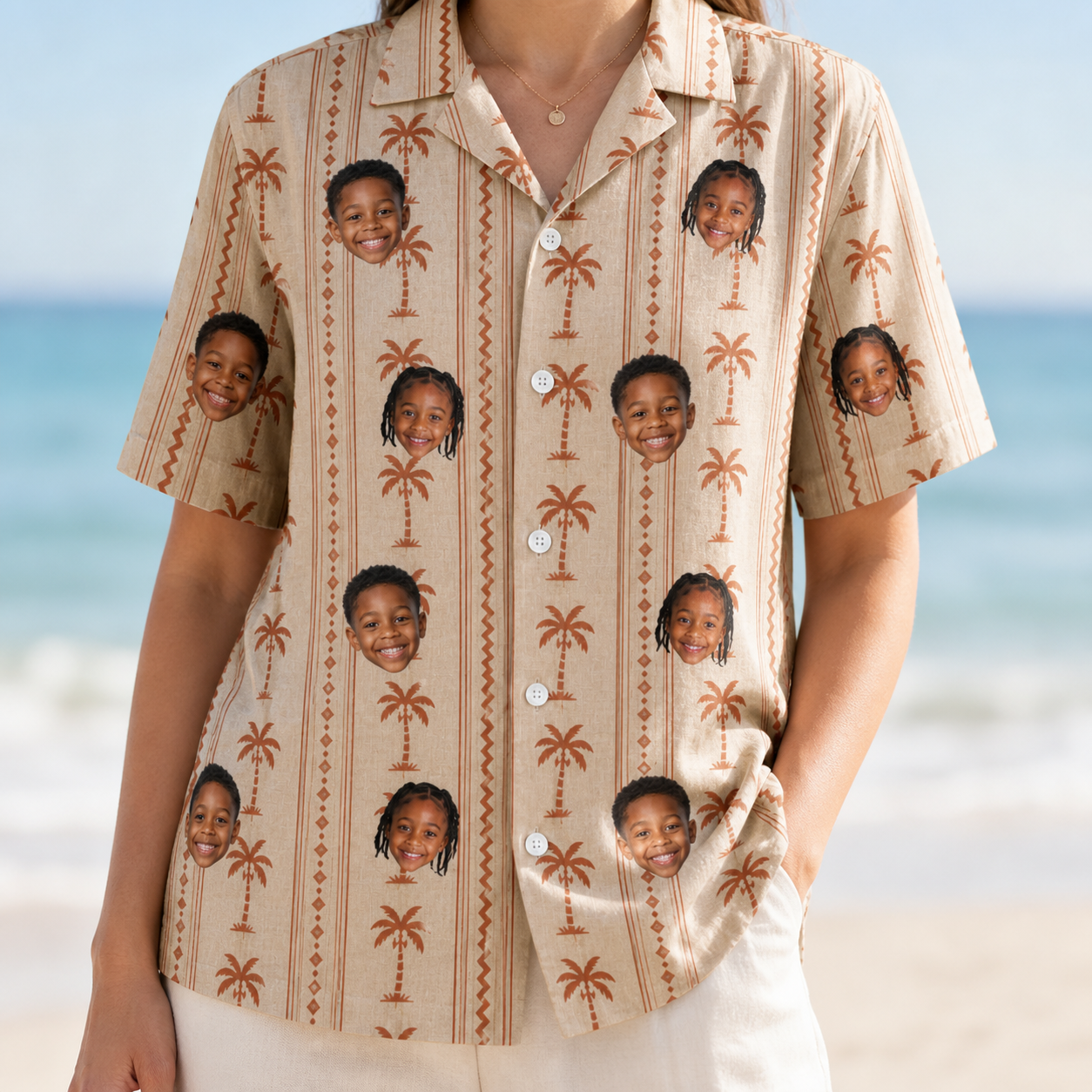Model wearing Women's Orchid Oasis Custom Face Hawaiian Shirt printed with kids' faces