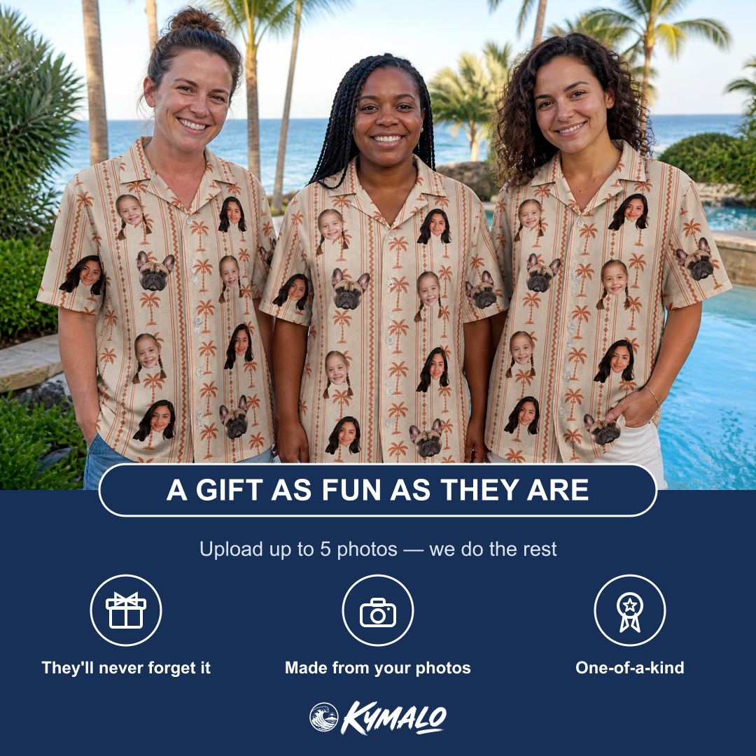 Friends in matching Women's Orchid Oasis Custom Face Hawaiian Shirt — a group gift photo
