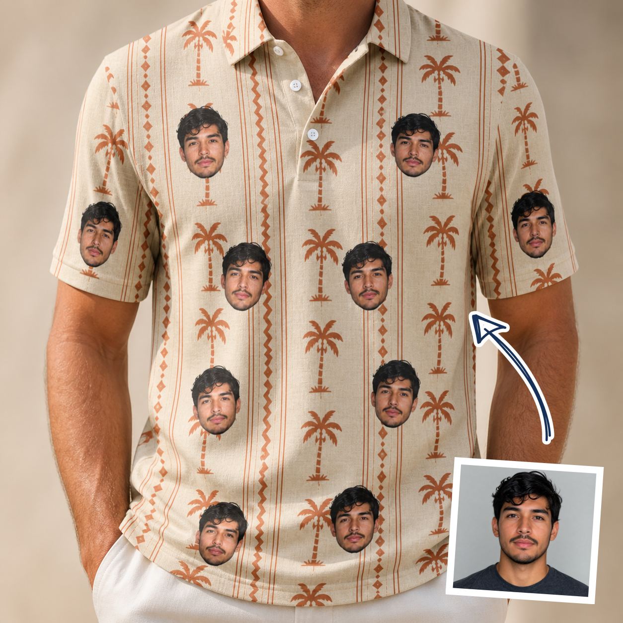 Man wearing Men's Orchid Oasis Custom Face Polo Shirt — custom faces printed all-over