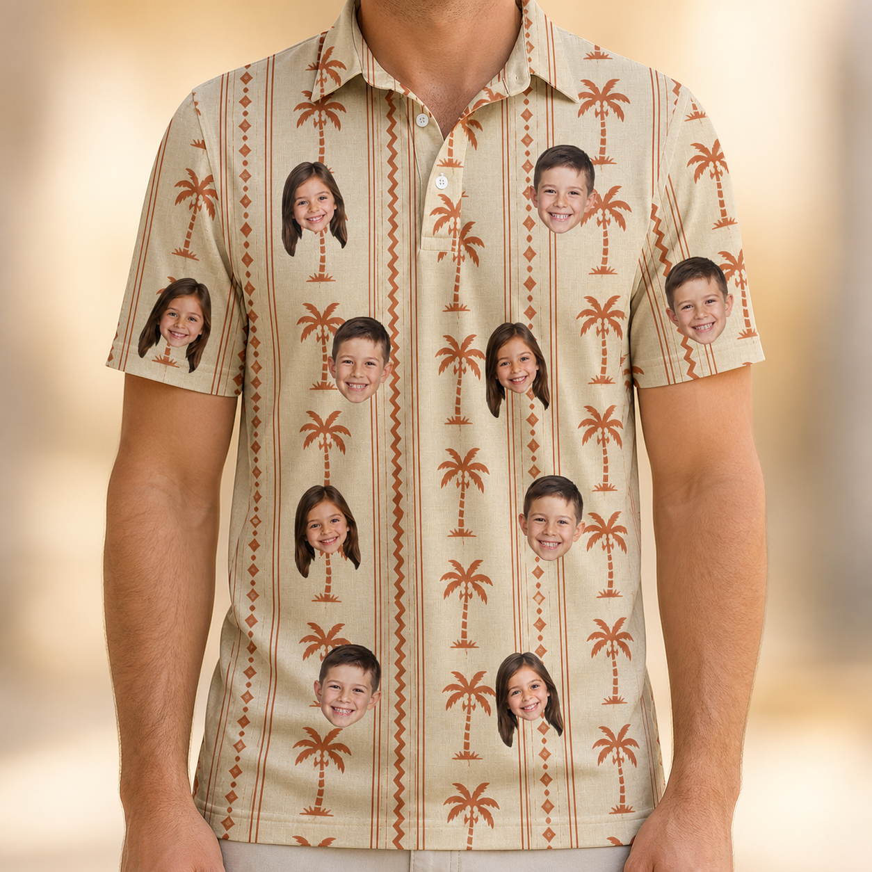 Model wearing Men's Orchid Oasis Custom Face Polo Shirt printed with kids' faces