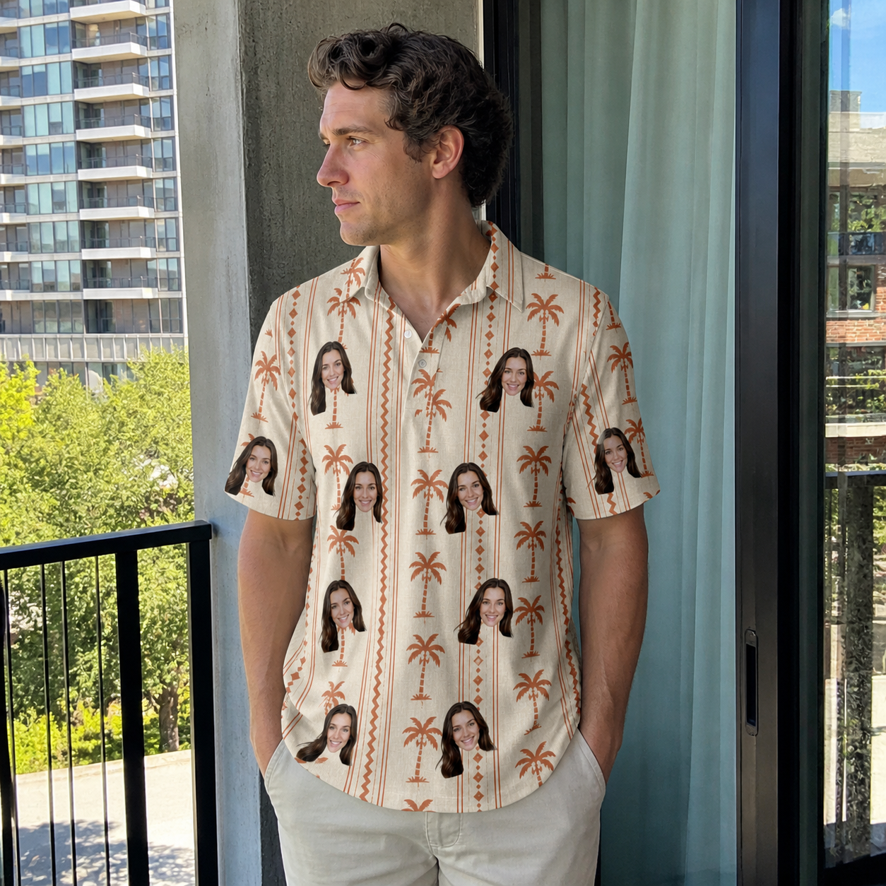 Real-life photo of someone wearing Men's Orchid Oasis Custom Face Polo Shirt — custom faces printed all-over