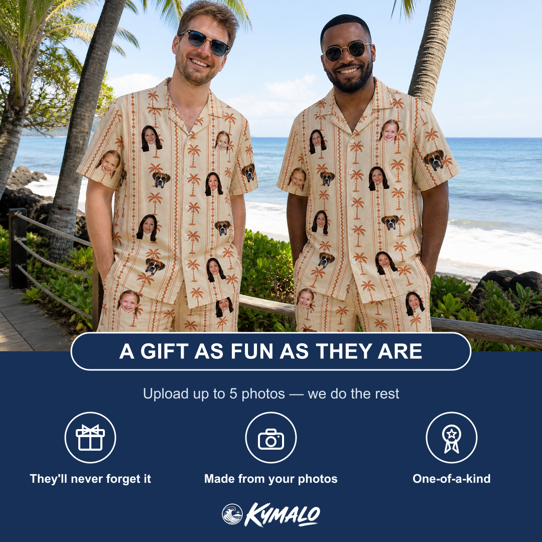 Friends in matching Men's Orchid Oasis Custom Face Shirt & Shorts Set — a group gift photo