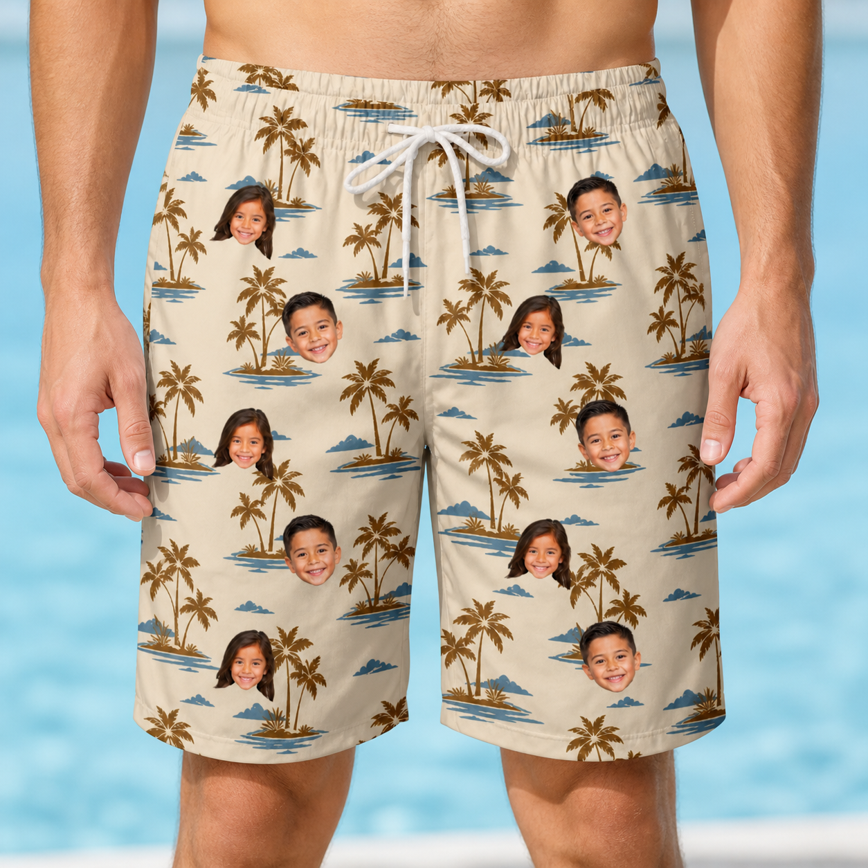Model wearing Men's Botanical Breeze Custom Face Beach Shorts printed with kids' faces