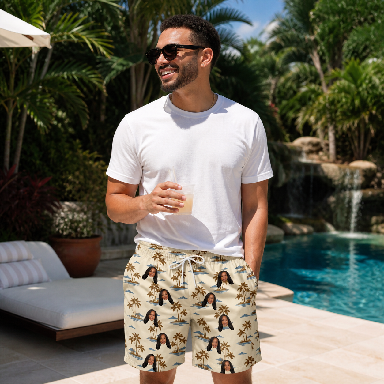 Real-life photo of someone wearing Men's Botanical Breeze Custom Face Beach Shorts — custom faces printed all-over