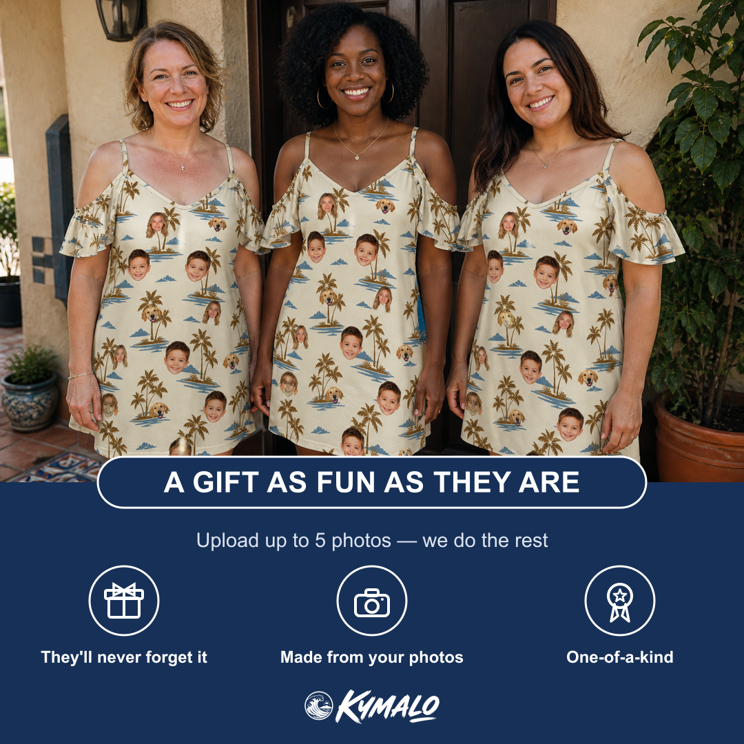 Friends in matching Women's Botanical Breeze Custom Face Off-Shoulder Dress — a group gift photo