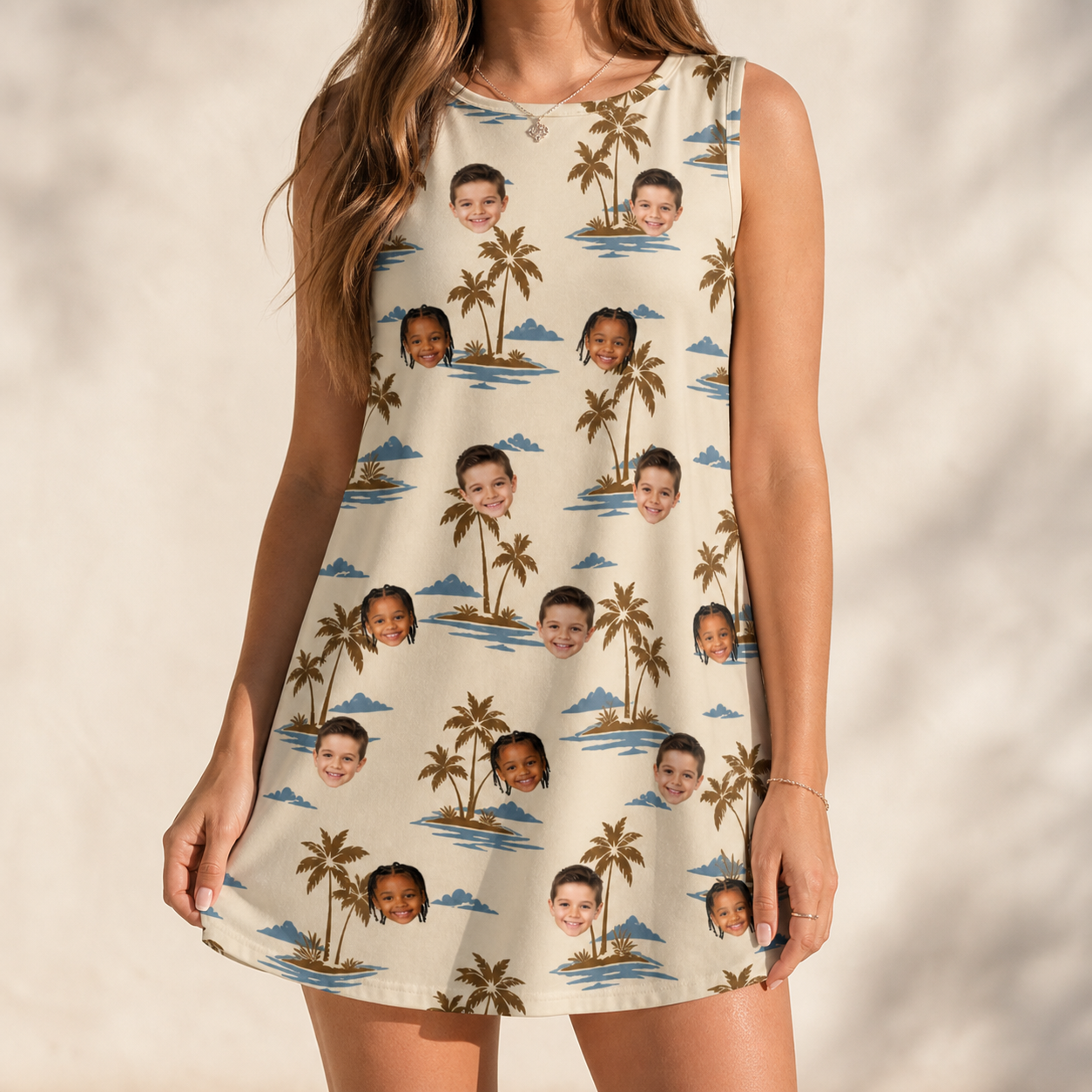 Model wearing Women's Botanical Breeze Custom Face Tank Dress printed with kids' faces