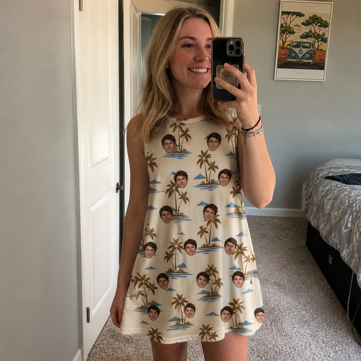 Real-life photo of someone wearing Women's Botanical Breeze Custom Face Tank Dress — custom faces printed all-over