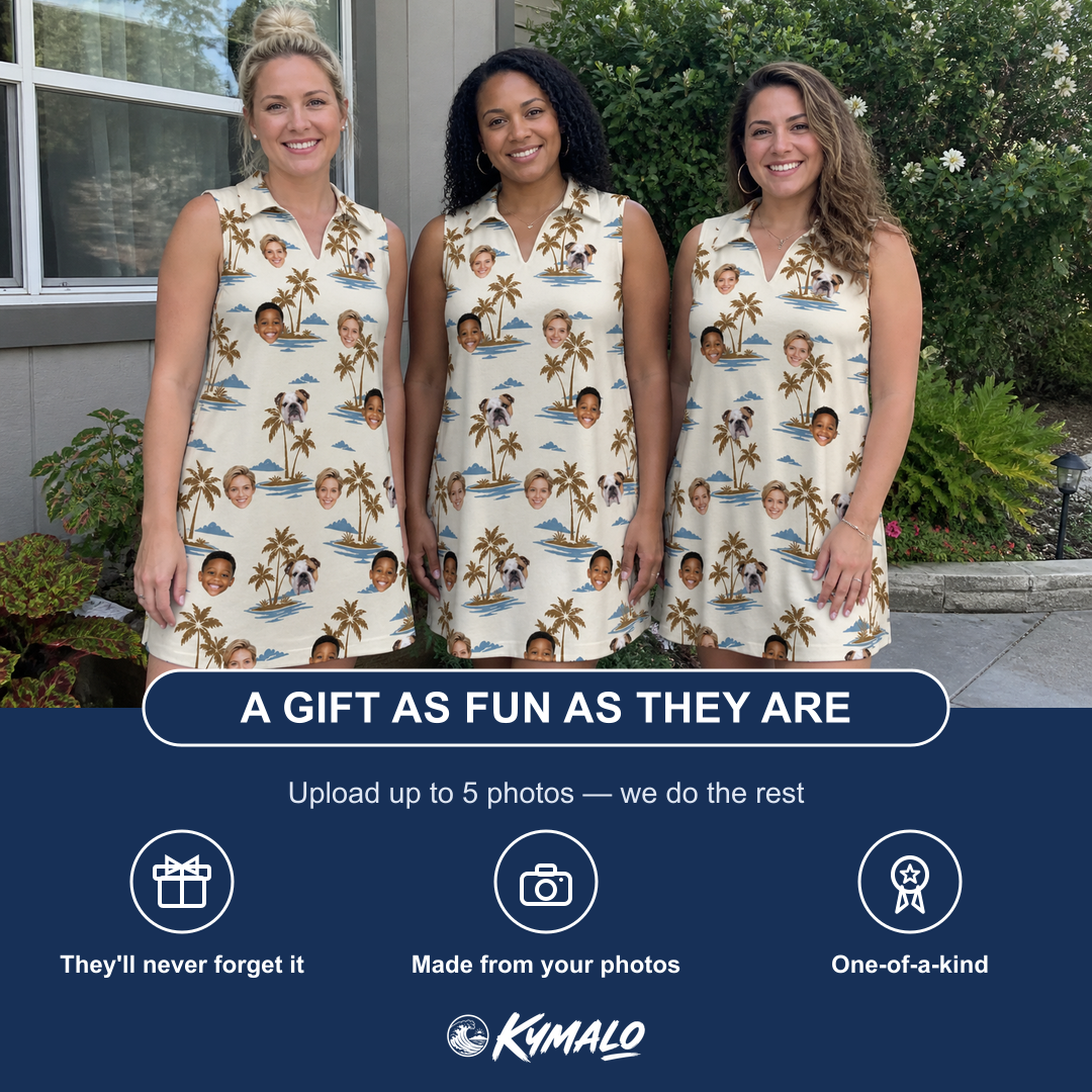 Friends in matching Women's Botanical Breeze Custom Face V-Neck Dress — a group gift photo