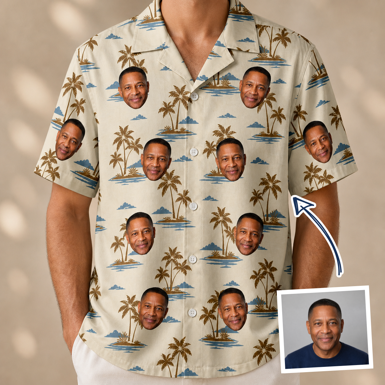 Man wearing Men's Botanical Breeze Custom Face Hawaiian Shirt — custom faces printed all-over