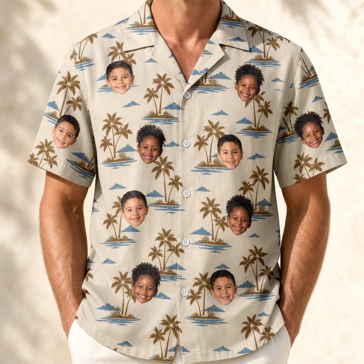 Model wearing Men's Botanical Breeze Custom Face Hawaiian Shirt printed with kids' faces