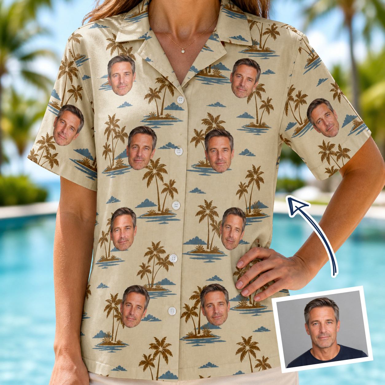 Woman wearing Women's Botanical Breeze Custom Face Hawaiian Shirt — custom faces printed all-over