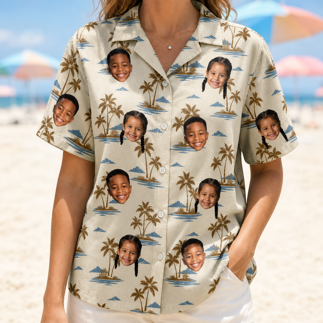 Model wearing Women's Botanical Breeze Custom Face Hawaiian Shirt printed with kids' faces