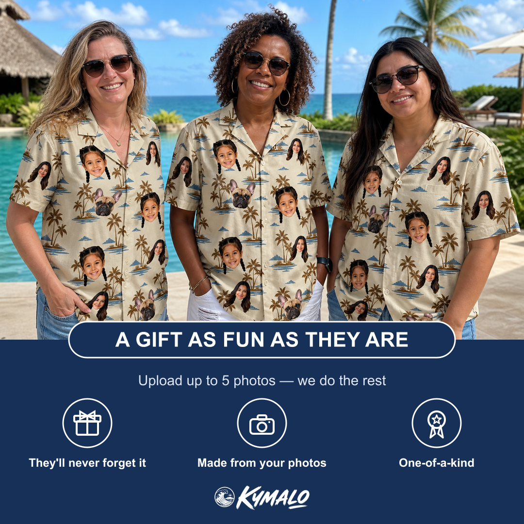 Friends in matching Women's Botanical Breeze Custom Face Hawaiian Shirt — a group gift photo