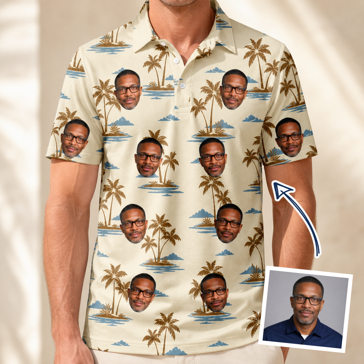 Man wearing Men's Botanical Breeze Custom Face Polo Shirt — custom faces printed all-over