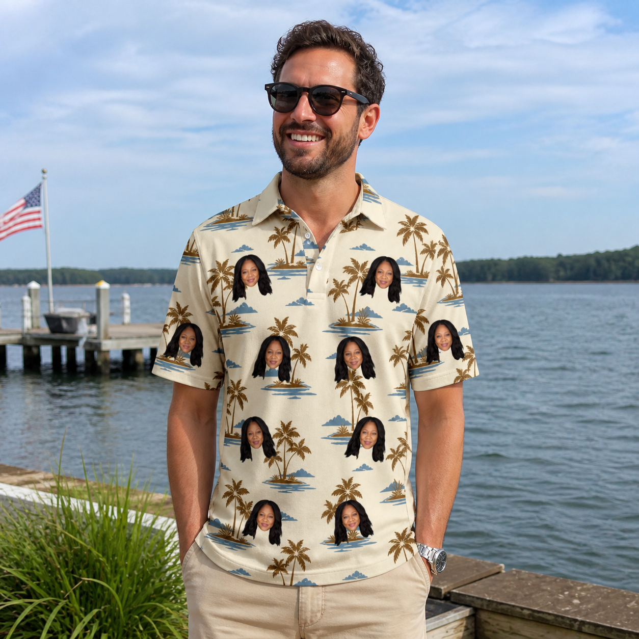 Real-life photo of someone wearing Men's Botanical Breeze Custom Face Polo Shirt — custom faces printed all-over