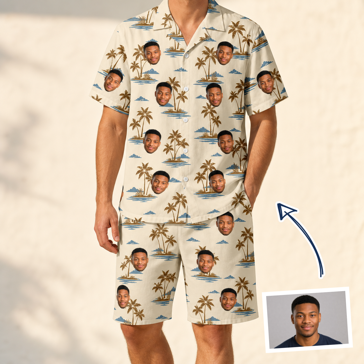 Man wearing Men's Botanical Breeze Custom Face Shirt & Shorts Set — custom faces printed all-over