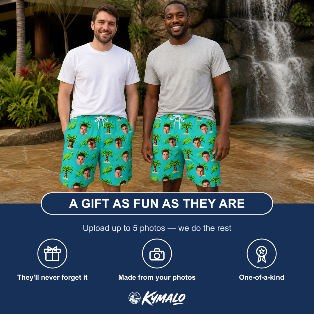 Friends in matching Men's Canopy Cabana Custom Face Beach Shorts — a group gift photo