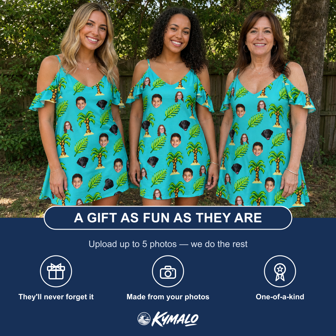 Friends in matching Women's Canopy Cabana Custom Face Off-Shoulder Dress — a group gift photo