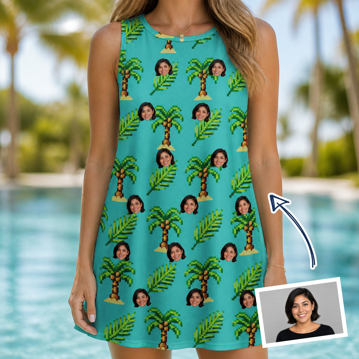 Woman wearing Women's Canopy Cabana Custom Face Tank Dress — custom faces printed all-over
