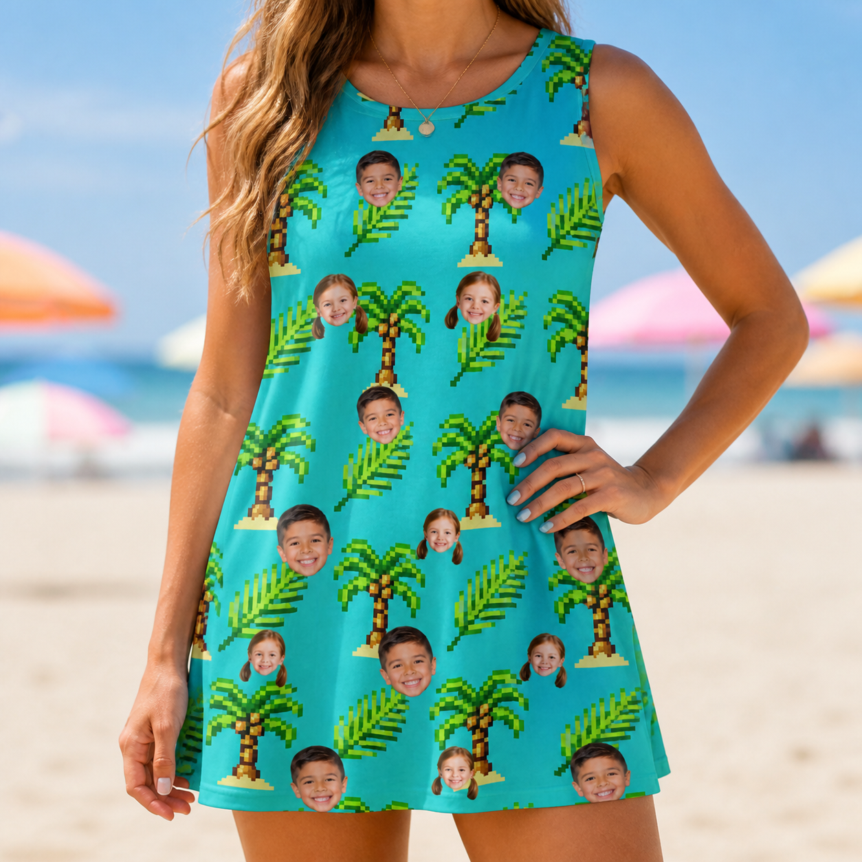 Model wearing Women's Canopy Cabana Custom Face Tank Dress printed with kids' faces