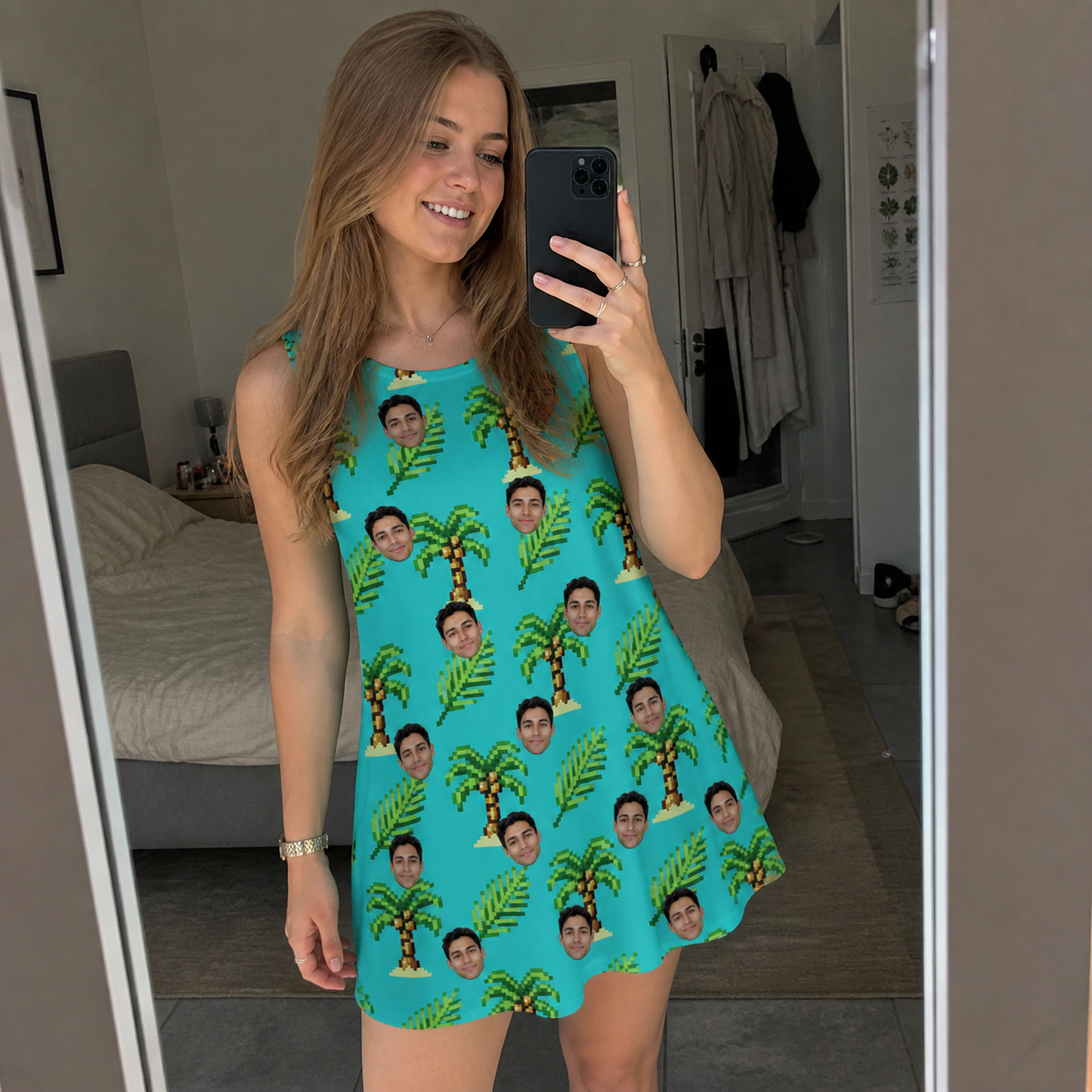 Real-life photo of someone wearing Women's Canopy Cabana Custom Face Tank Dress — custom faces printed all-over