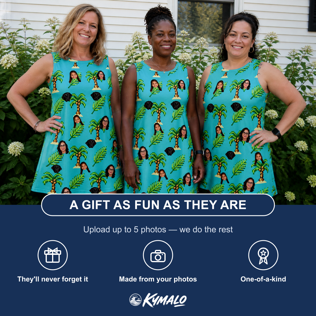 Friends in matching Women's Canopy Cabana Custom Face Tank Dress — a group gift photo