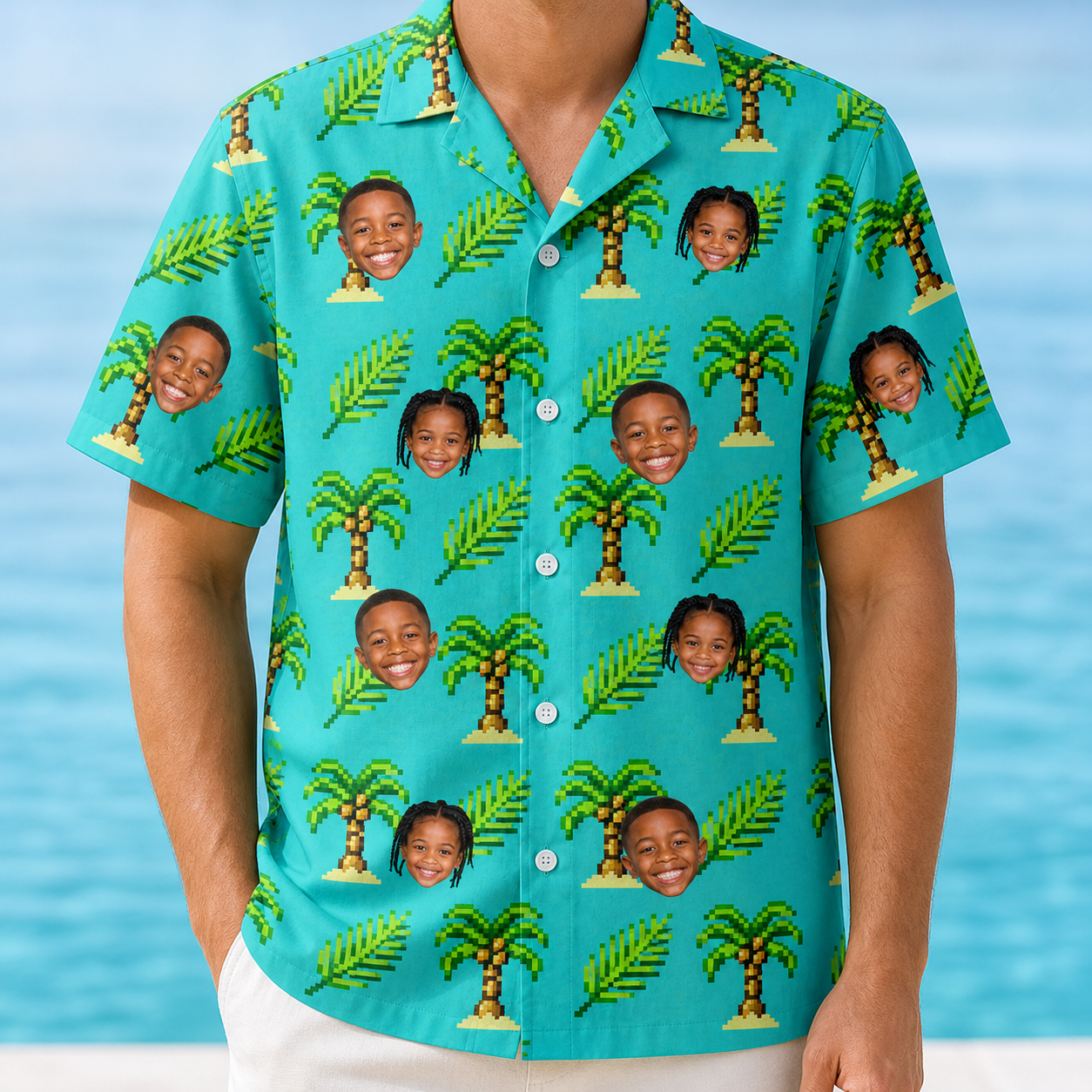 Model wearing Men's Canopy Cabana Custom Face Hawaiian Shirt printed with kids' faces