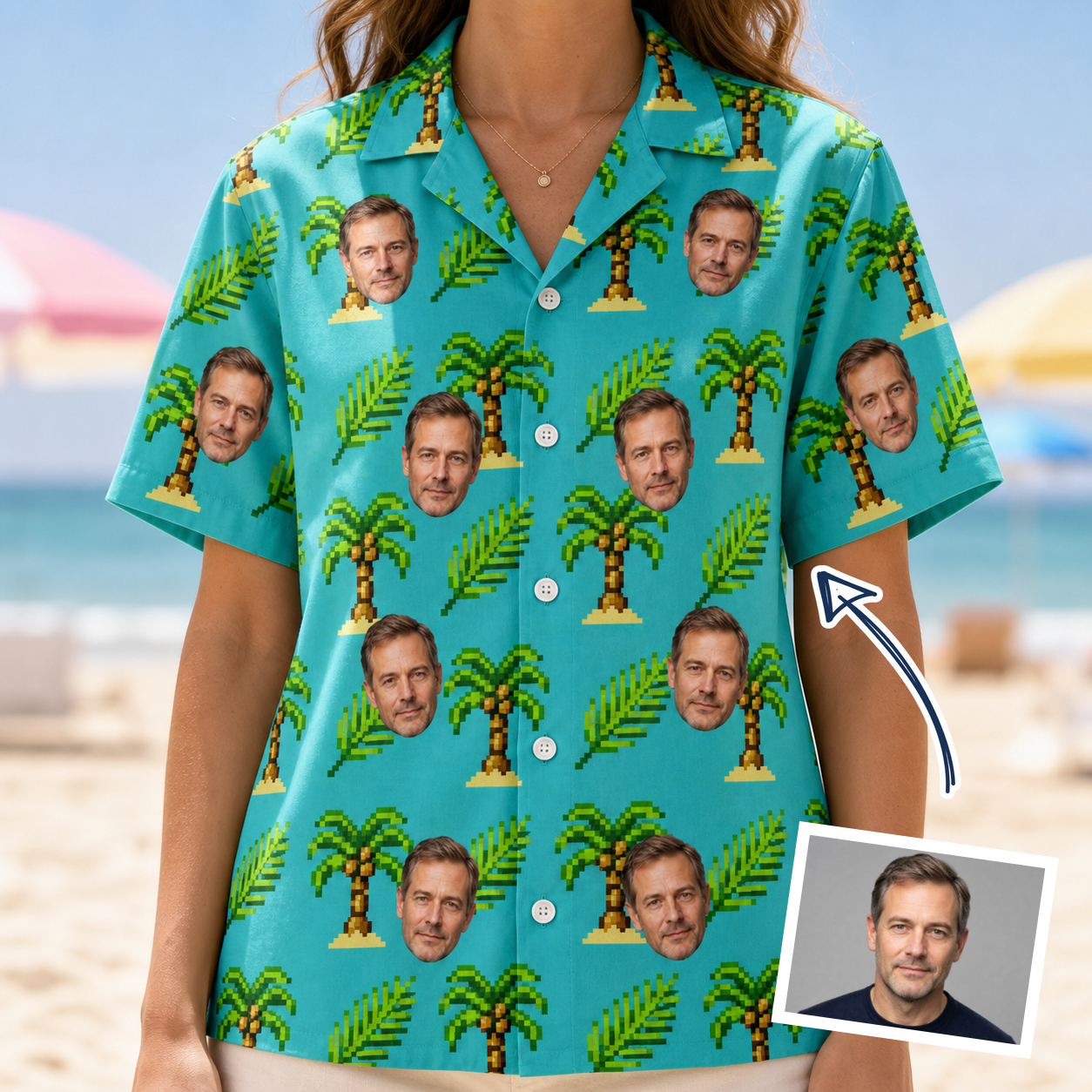 Woman wearing Women's Canopy Cabana Custom Face Hawaiian Shirt — custom faces printed all-over