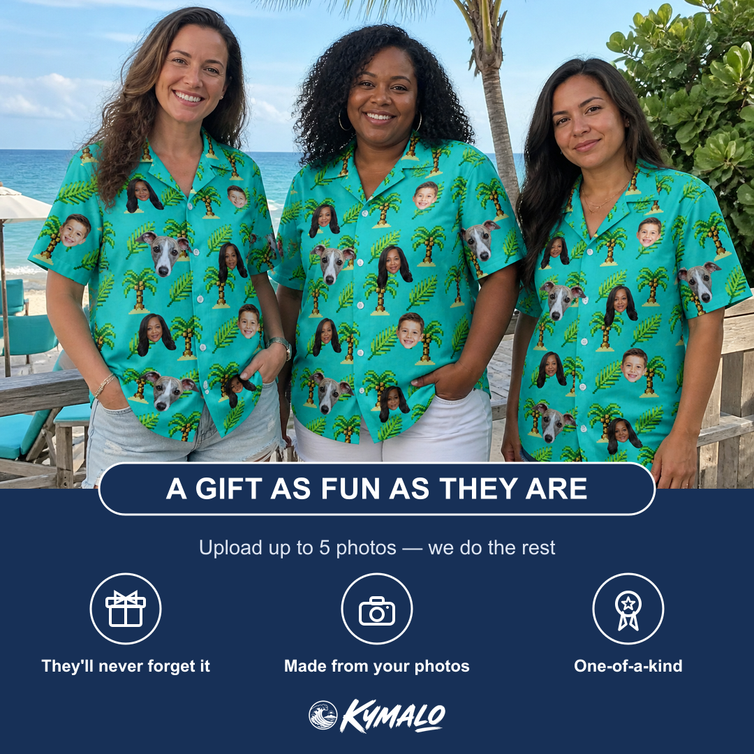 Friends in matching Women's Canopy Cabana Custom Face Hawaiian Shirt — a group gift photo