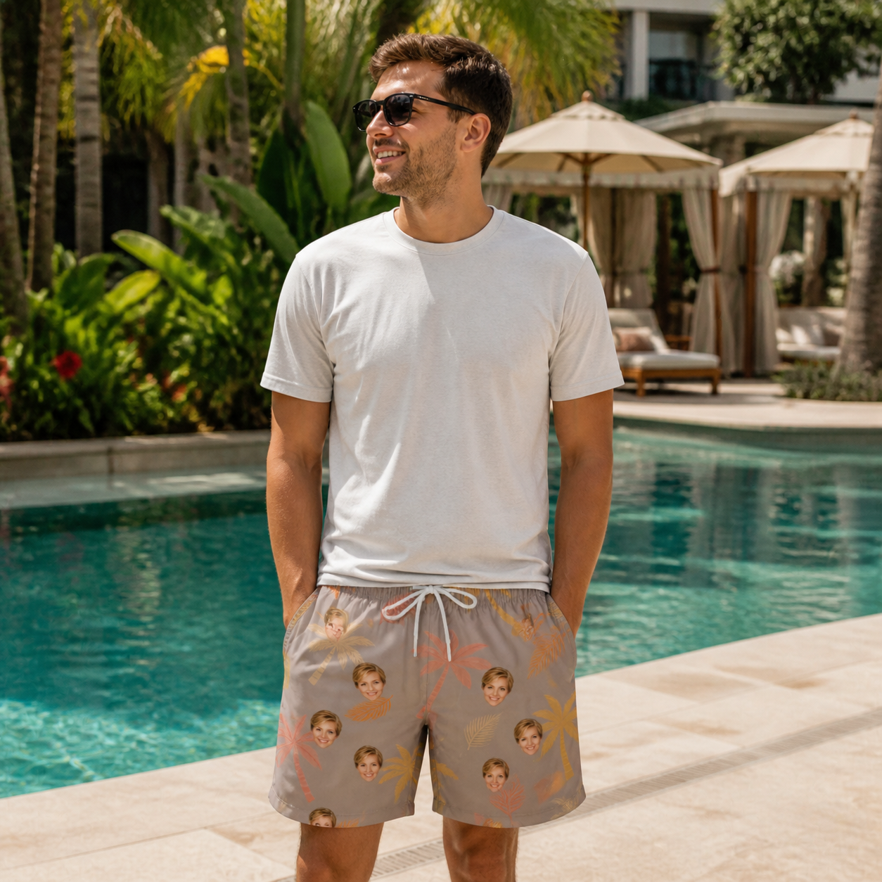 Real-life photo of someone wearing Men's Leafy Lei Custom Face Beach Shorts — custom faces printed all-over
