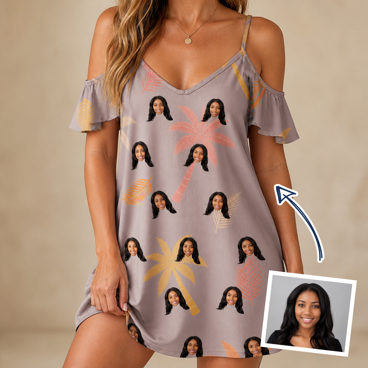 Woman wearing Women's Leafy Lei Custom Face Off-Shoulder Dress — custom faces printed all-over