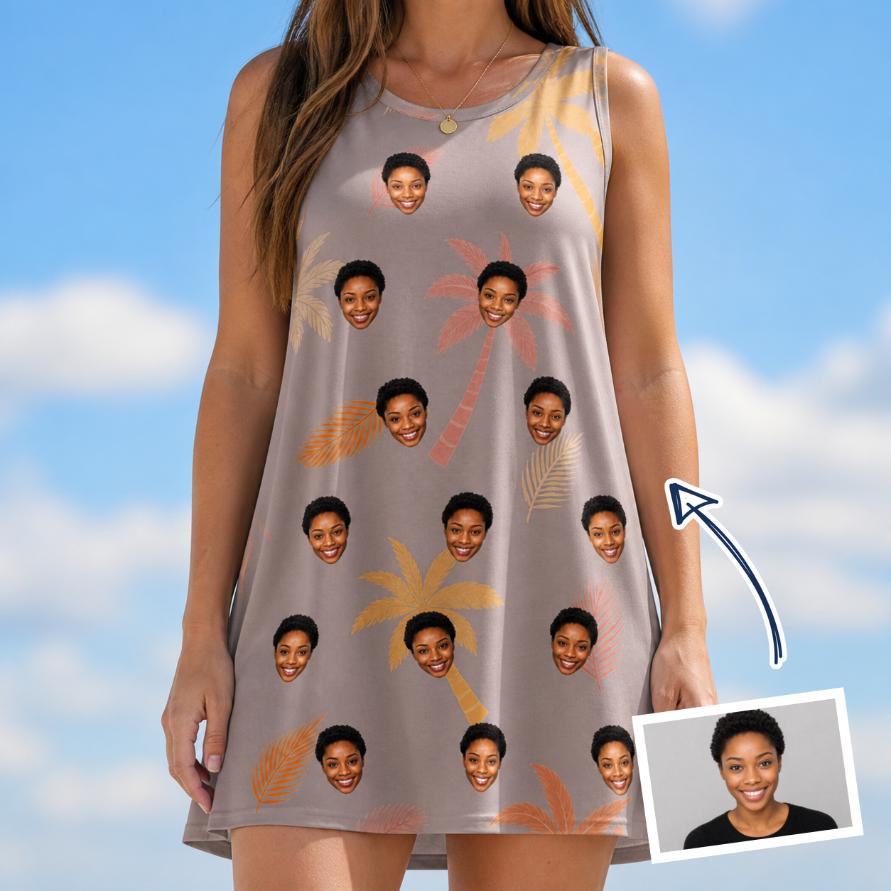 Woman wearing Women's Leafy Lei Custom Face Tank Dress — custom faces printed all-over