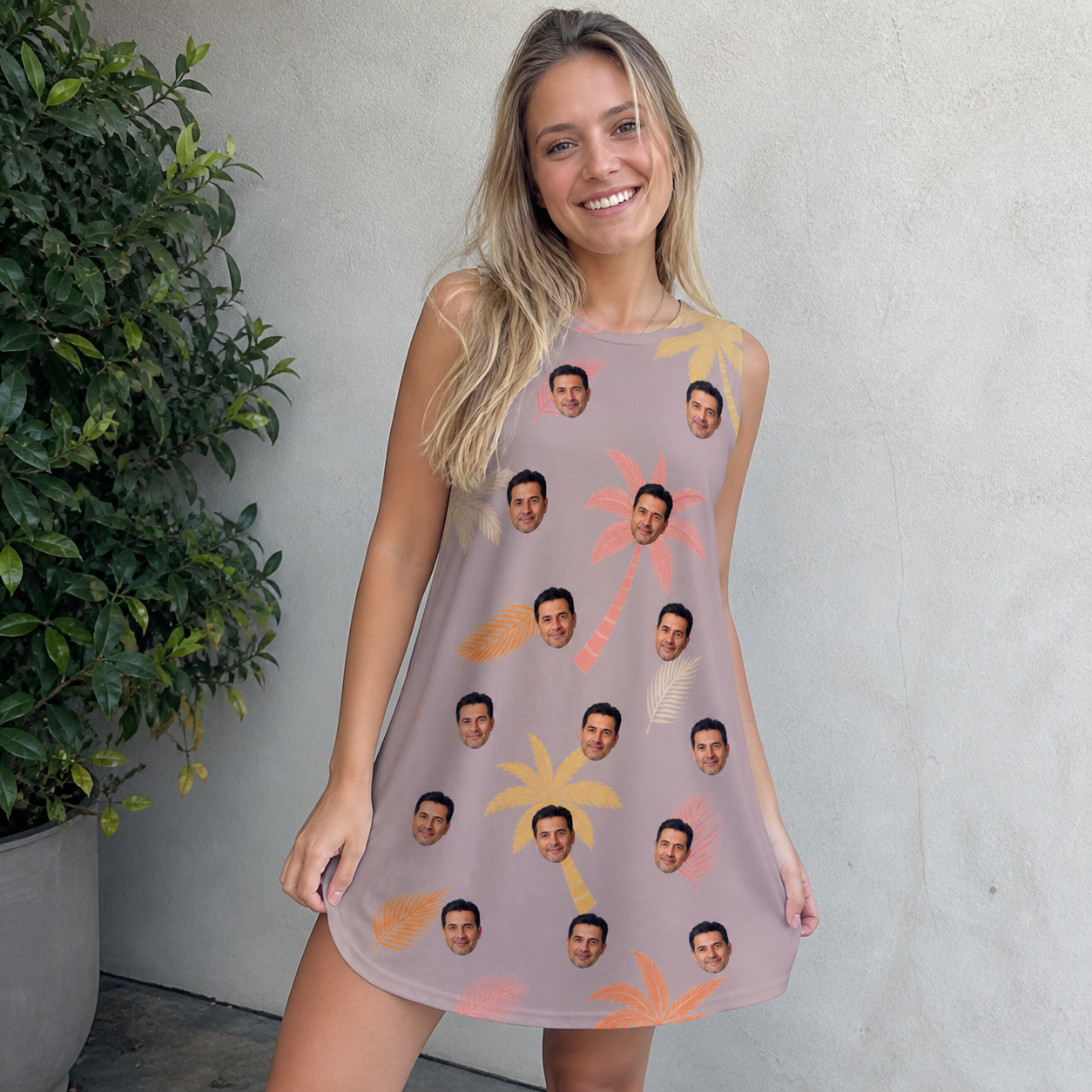 Real-life photo of someone wearing Women's Leafy Lei Custom Face Tank Dress — custom faces printed all-over