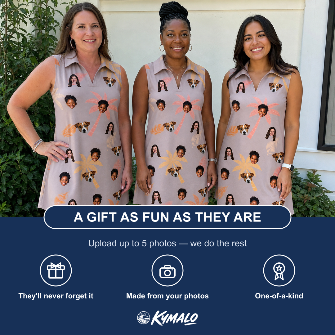 Friends in matching Women's Leafy Lei Custom Face V-Neck Dress — a group gift photo