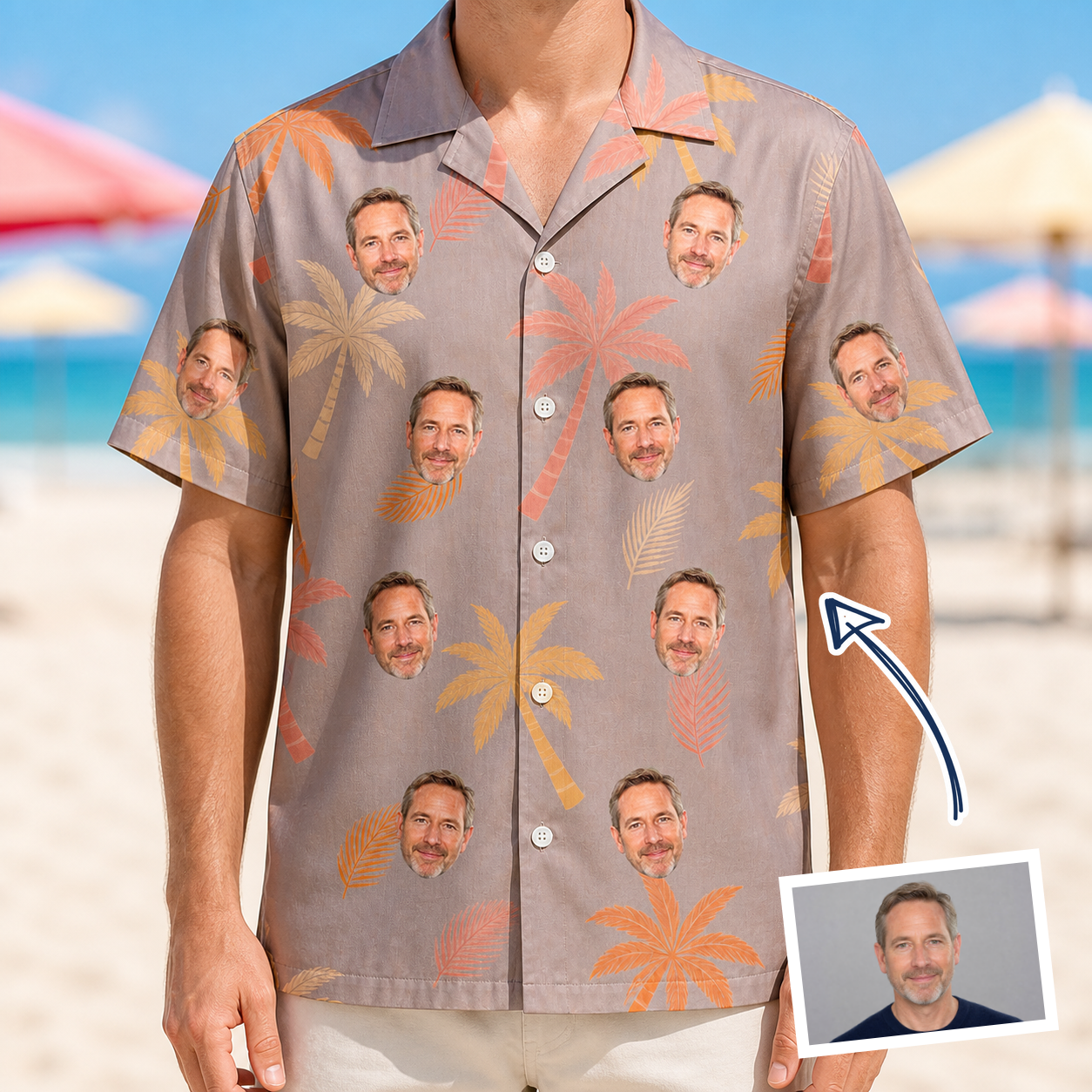 Man wearing Men's Leafy Lei Custom Face Hawaiian Shirt — custom faces printed all-over
