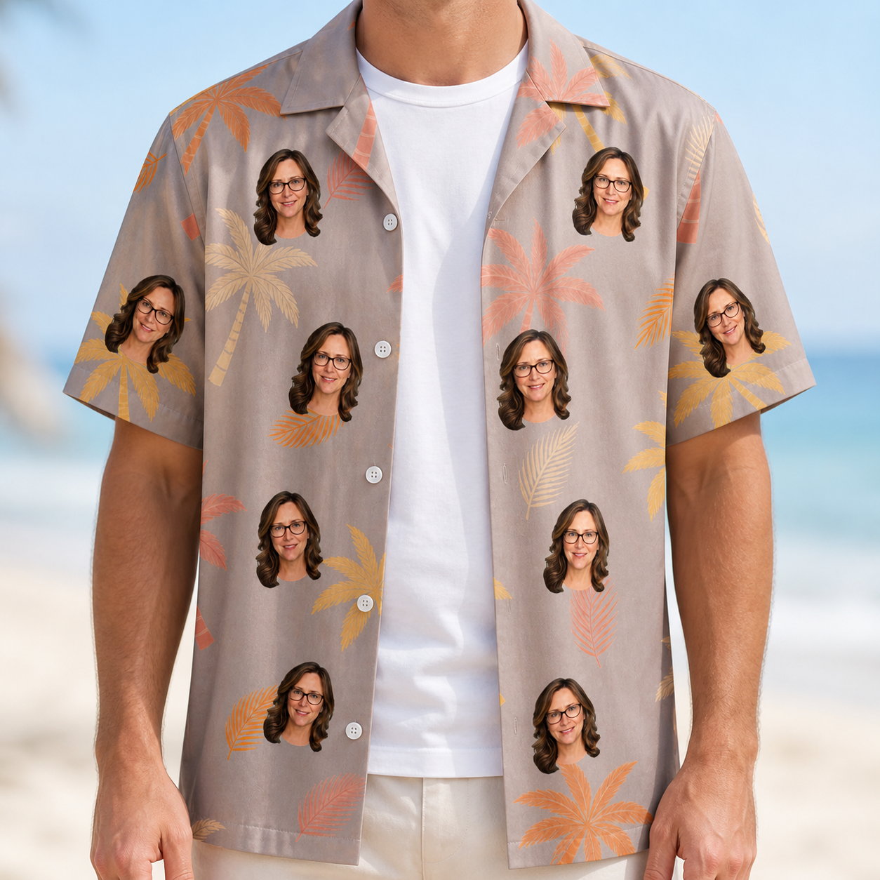 Man wearing Men's Leafy Lei Custom Face Hawaiian Shirt open over a white tee
