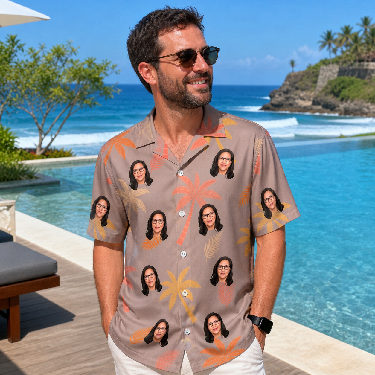 Real-life photo of someone wearing Men's Leafy Lei Custom Face Hawaiian Shirt — custom faces printed all-over