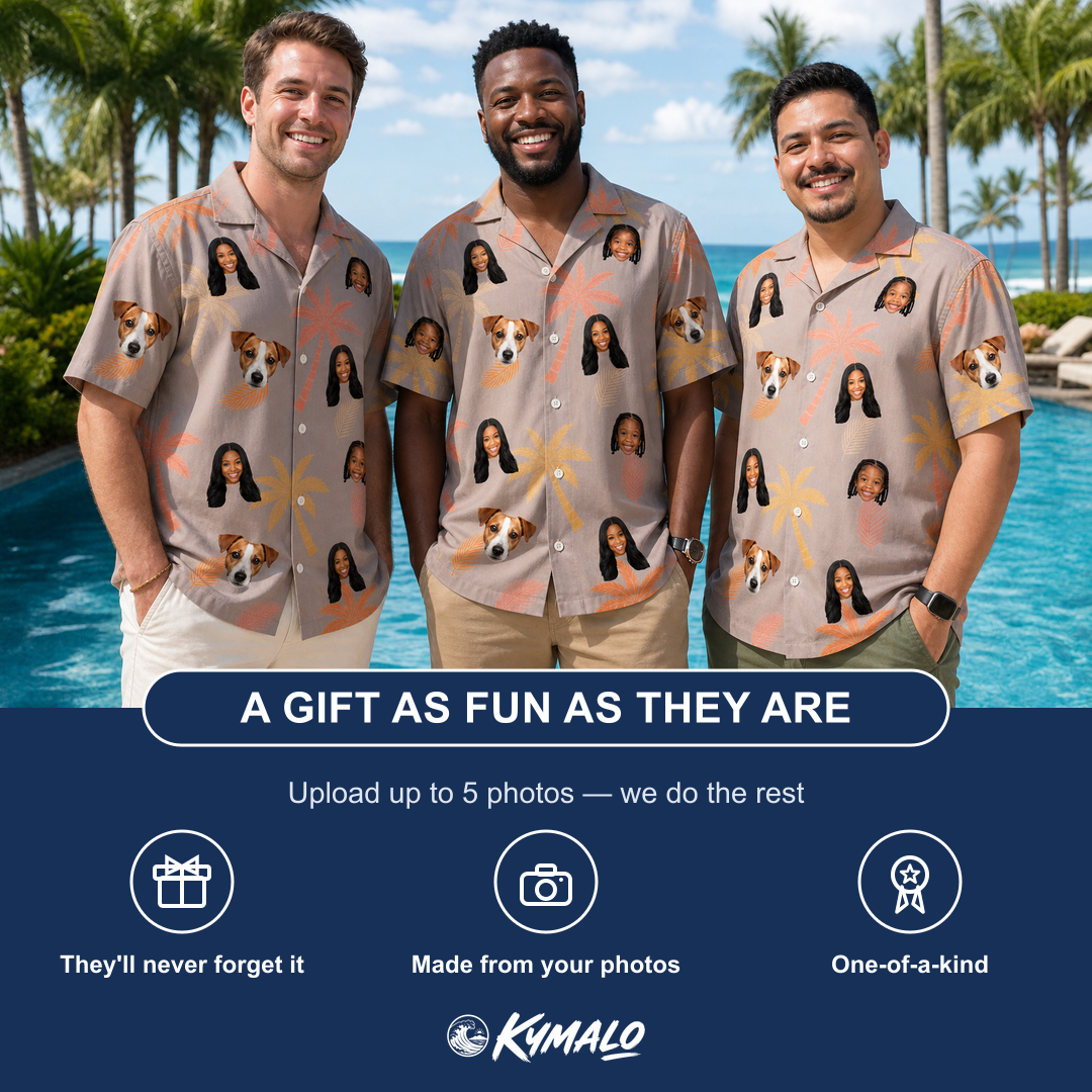 Friends in matching Men's Leafy Lei Custom Face Hawaiian Shirt — a group gift photo
