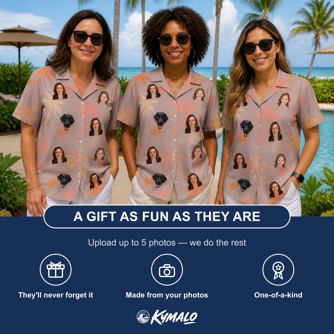 Friends in matching Women's Leafy Lei Custom Face Hawaiian Shirt — a group gift photo