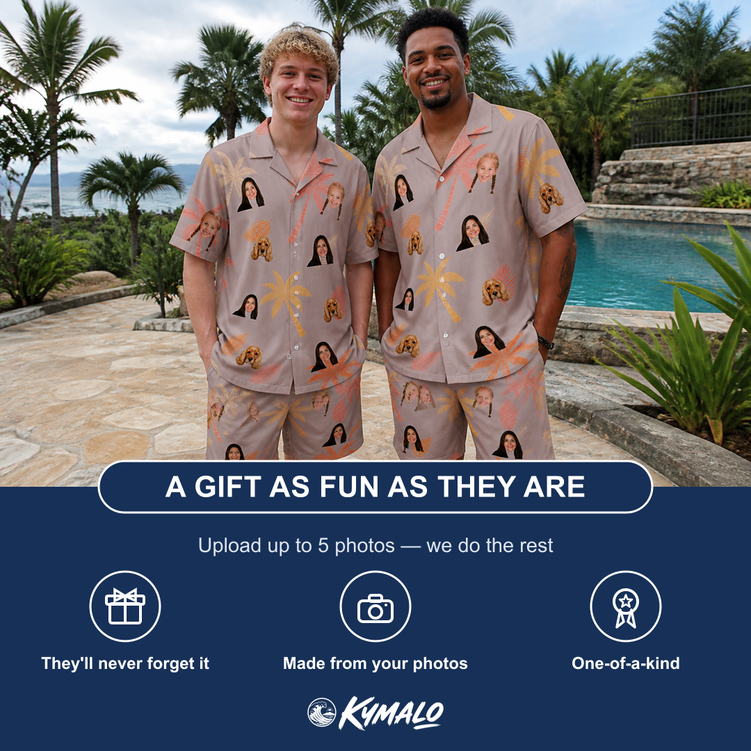 Friends in matching Men's Leafy Lei Custom Face Shirt & Shorts Set — a group gift photo