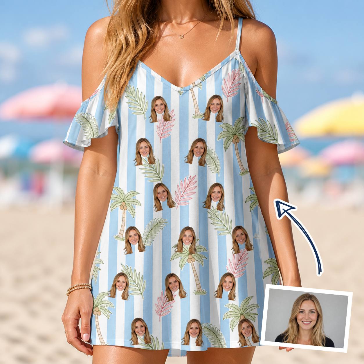 Woman wearing Women's Frond Fandango Custom Face Off-Shoulder Dress — custom faces printed all-over